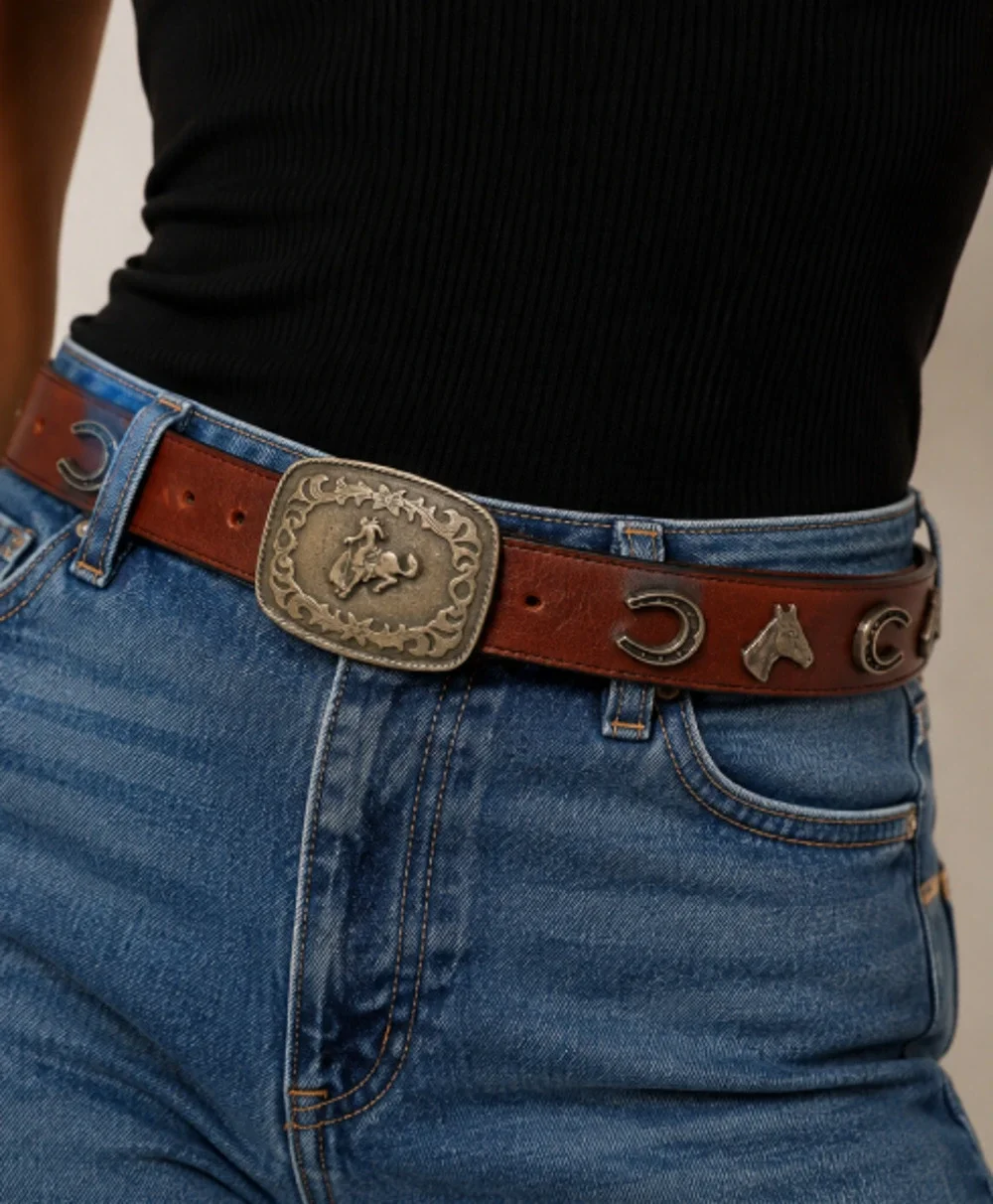 Vintage Western Brown Leather Horse Buckle Belt Sz 26 Rodeo Cowboy Cowgirl Ranch